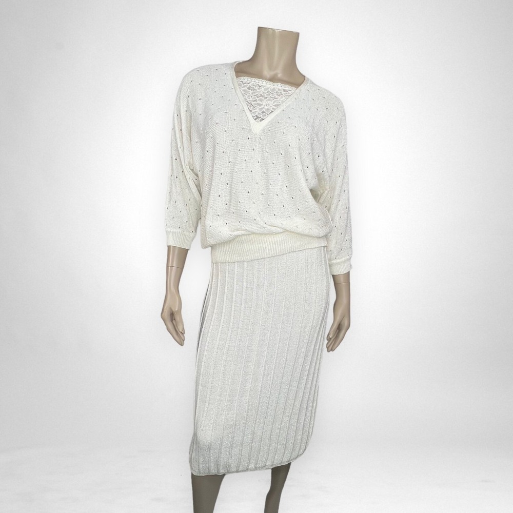 Vintage 80s Just-Mort Off White Knit‎ Skirt Set 2 Piece Small Summer